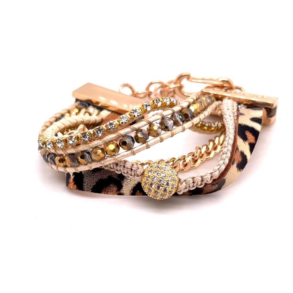 Victoria Emerson Leopard Print Boho Bracelet Gold Tone Mixed Media Rhinestone